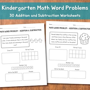 May include: Two white worksheets for kindergarten math word problems. The worksheets have addition and subtraction problems with illustrations of ducks and muffins. The top banner reads "Kindergarten Math Word Problems".
