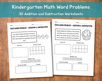 Printable Kindergarten Math Word Problems | 30 Addition and Subtraction Worksheets (1–10) | Ten Frame & Number Line Practice
