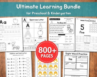 Ultimate Learning Bundle for Preschool & Kindergarten | 800+ Printable Activity Worksheets for Tracing, Alphabet, Numbers, Reading and Math