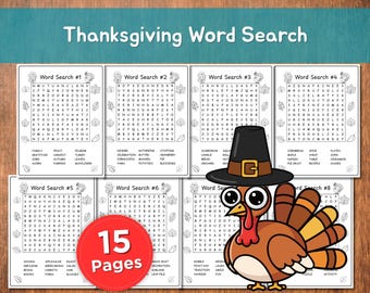 Thanksgiving Word Search Worksheets | 15 Printable Activity Pages for Kids | Fall Classroom Games & Puzzles