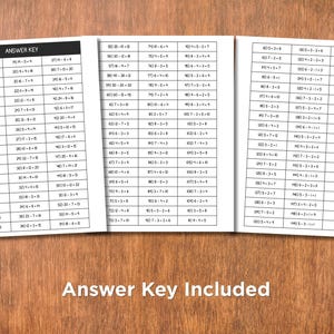 May include: Three answer key sheets with math problems and solutions are displayed on a wooden surface. The text "Answer Key Included" is printed at the bottom of the image. The sheets are white with black text.