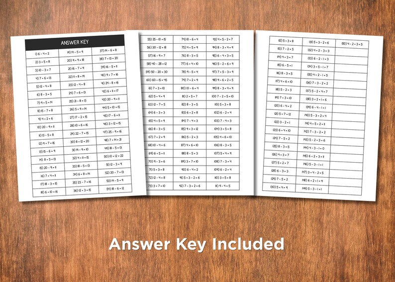 May include: Three answer key sheets with math problems and solutions are displayed on a wooden surface. The text "Answer Key Included" is printed at the bottom of the image. The sheets are white with black text.