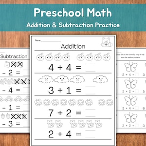 Puede incluir: Hojas de trabajo de matemáticas preescolares para practicar la suma y la resta. Las hojas de trabajo presentan problemas de suma y resta con ilustraciones de frutas, nubes, flores, gatos y mariposas. El texto "Preschool Math" está en la parte superior.