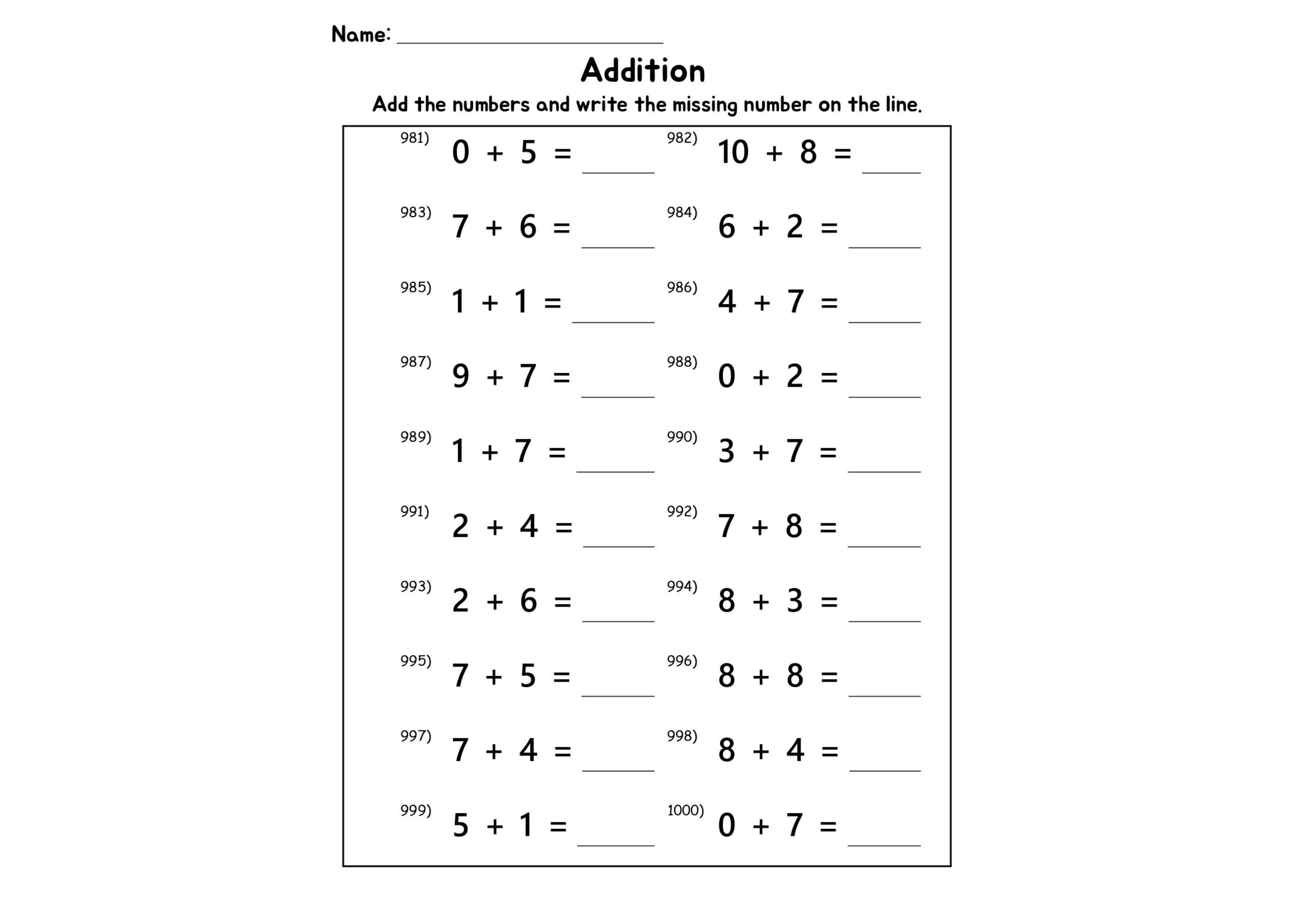 50 Addition Worksheets 0-10 | 20 Problems Each | Answers Included ...
