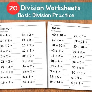 Pode incluir: Duas folhas de exercícios com problemas de divisão. A parte superior da página diz "20 Folhas de exercícios de divisão Prática básica de divisão". As folhas são brancas com texto preto.