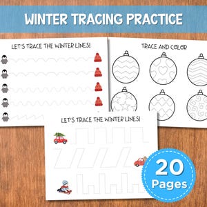 Könnte beinhalten: Ein Arbeitsbuch zum Üben des Nachzeichnens zum Thema Winter mit dem Text "WINTER TRACING PRACTICE". Die Seiten zeigen Illustrationen von Pinguinen, Mützen, Christbaumkugeln, Autos und einem Kind, das Schlitten fährt. Das Arbeitsbuch hat 20 Seiten.