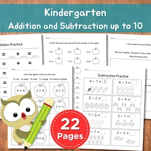 May include: Kindergarten addition and subtraction workbook with 22 pages. The worksheets feature addition and subtraction problems up to 10, with apple-themed exercises and word problems. Includes an owl illustration and a pencil.