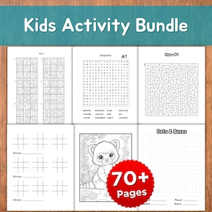Puede incluir: Un paquete de actividades para niños con varios rompecabezas y juegos, incluyendo Sudoku, laberintos, búsquedas de palabras, tres en raya y puntos y cajas. El paquete contiene más de 70 páginas de actividades, con una ilustración de mapache.