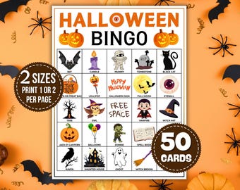 50 Halloween Bingo Cards, Printable Halloween Bingo Game, Halloween Party Game, Kids Classroom Activity