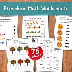 May include: A collection of preschool math worksheets with titles like "Count and Match" and "Counting Apples." The worksheets feature colorful illustrations of animals, pizza, and apples. The set includes 75 pages of educational content.