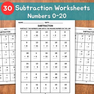 May include: Three worksheets with subtraction problems for numbers 0-20. The worksheets are white with black text and a blue header that reads "30 Subtraction Worksheets Numbers 0-20". The worksheets are designed for educational use.