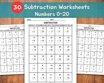 30 Subtraction Worksheets 0-20 | Fill in the Blanks | Kindergarten & 1st Grade Math Printable | Homeschool Practice | Answers Included