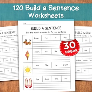 Sentence Building Worksheets: Early Literacy Practice, Grades K-2 (Printable PDF Bundle)