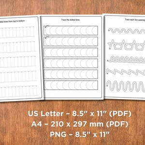 May include: Three white worksheets with tracing exercises on a wooden surface. The worksheets include dotted lines for tracing straight lines, curves, and shapes. The text on the image says "US Letter - 8.5" x 11" (PDF)".