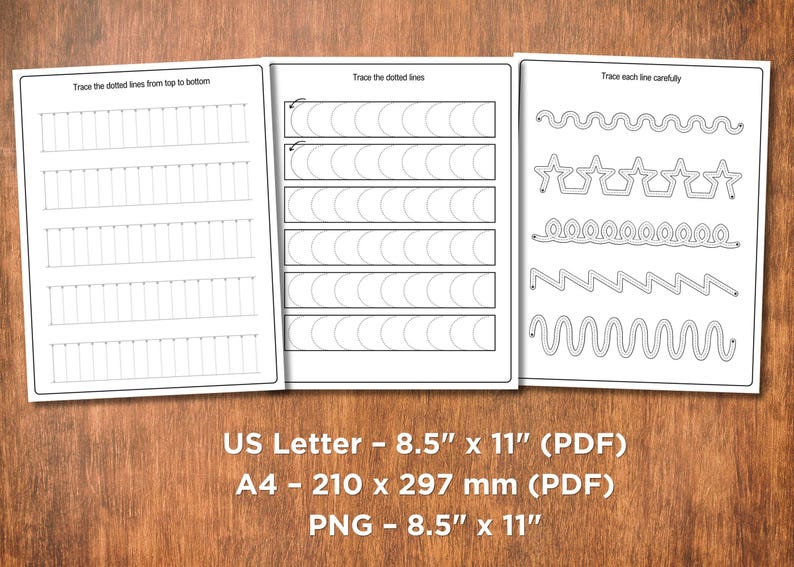 May include: Three white worksheets with tracing exercises on a wooden surface. The worksheets include dotted lines for tracing straight lines, curves, and shapes. The text on the image says "US Letter - 8.5" x 11" (PDF)".