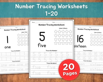 May include: Educational number tracing worksheets for kids, featuring numbers 1-20. Each page includes a number, its written form, and tracing exercises. The worksheets are designed to help children learn to write numbers and words. The image shows three worksheets and a red circle that says "20 Pages".
