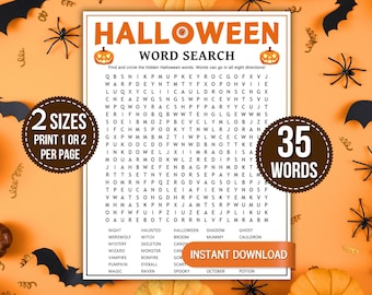 Halloween Word Search, Printable Halloween Puzzle, 35 Hidden Words, Halloween Party Game, Kids Classroom Activity