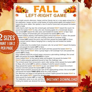 May include: A printable Fall Left-Right Game sheet featuring a story about an apple orchard, decorated with orange pumpkins and sunflowers. A circular orange badge states 2 SIZES PRINT 1 OR 2 PER PAGE and a ribbon banner reads INSTANT DOWNLOAD.