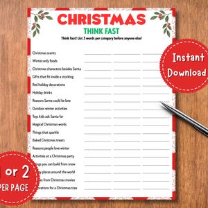 May include: A Christmas-themed game sheet with the title "Christmas Think Fast" in red and green. The sheet includes categories to list words, a red circle with "Instant Download", and a pen on a wooden surface.