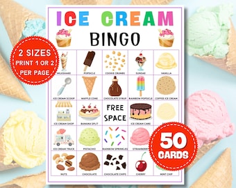 Ice Cream Bingo Printable, 50 Bingo Cards, Ice Cream Birthday Party Game, Summer Party Activity, Family Game, Kids & Adults