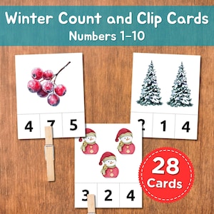 Puede incluir: Tarjetas de conteo y clip con temática invernal para los números del 1 al 10. Las tarjetas presentan ilustraciones en acuarela de bayas, árboles cubiertos de nieve y muñecos de nieve. El juego incluye 28 tarjetas.