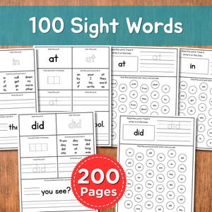 May include: A collection of educational worksheets for learning sight words. The worksheets feature the words "in", "at", and "did", with activities like tracing, coloring, and sentence completion. The image also shows a red circle with the text "200 Pages".