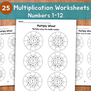 Puede incluir: Hojas de trabajo de multiplicación con el texto "25 Multiplication Worksheets Numbers 1-12". Cada hoja presenta una "Multiply Wheel" con números dispuestos alrededor de un número central para practicar.