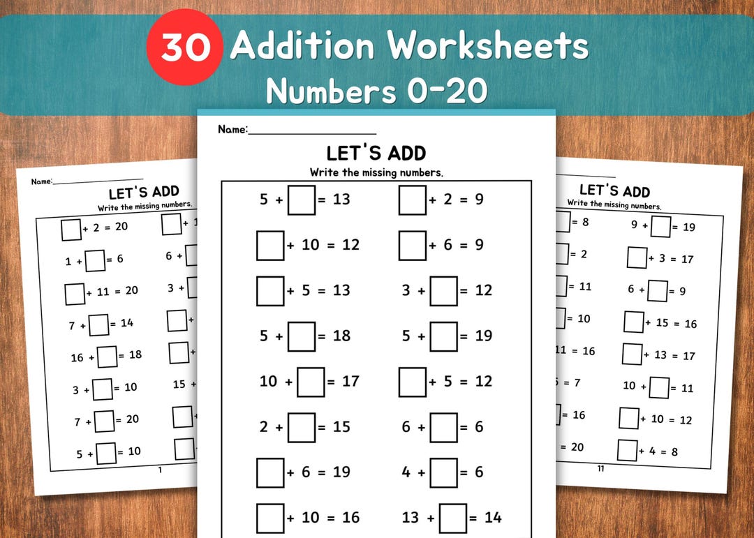 30 Addition Worksheets Fill in the Blanks | Numbers 0-20 | Kindergarten ...