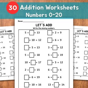 Könnte beinhalten: Drei Arbeitsblätter mit Additionsaufgaben für die Zahlen 0-20. Die Arbeitsblätter tragen die Überschrift "LET'S ADD" und enthalten Lückenfüller-Gleichungen. Oben im Bild befindet sich ein roter Kreis mit dem Text "30 Addition Worksheets Numbers 0-20."