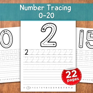 May include: Educational number tracing worksheets for children, with the numbers 0, 2, and 15 in a dotted line format for practice. The worksheets are on white paper with a wooden background. The text "Number Tracing 0-20" is at the top.