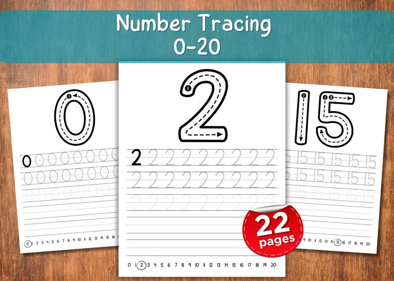 May include: Educational number tracing worksheets for kids, featuring the numbers 0, 2, and 15 in a dotted line format for practice. The worksheets are on white paper with a wooden background. The text "Number Tracing 0-20" is at the top.
