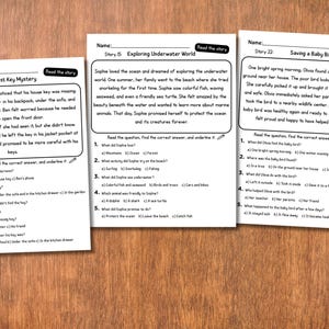 May include: Three worksheets with reading comprehension passages and questions are displayed on a wooden surface. The worksheets are titled "The Lost Key Mystery", "Exploring Underwater World", and "Saving a Baby Bird".