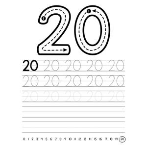 May include: Black and white educational worksheet featuring the number 20. The number is shown in a large, outlined format with directional arrows, and also in a smaller, dotted format for tracing practice. Includes a number line.