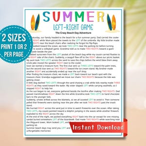 May include: A printable "Summer Left-Right Game" with a beach theme. The game features colorful text and illustrations of surfboards. The text includes "2 Sizes" and "Instant Download".