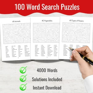May include: A collection of 100 word search puzzles with 4000 words, solutions included, and available for instant download. The puzzles cover topics like animals, vegetables, and flowers. A hand holding a pen points to the puzzles.