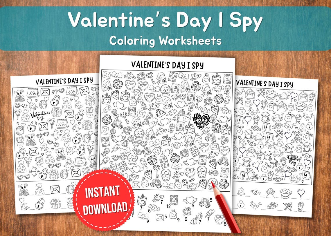 Valentine’s Day I Spy Coloring Worksheets | 3 Printable Seek-and-find ...