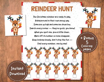 Christmas Reindeer Hunt Game | Kids Printable Scavenger Hunt | Holiday Party Activity + Bonus 5 Coloring Pages