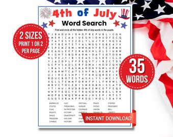 Juego de búsqueda de palabras del 4 de julio, actividad para fiestas del Día de la Independencia, rompecabezas patriótico para niños y adultos, juego imprimible para las fiestas, descarga instantánea.