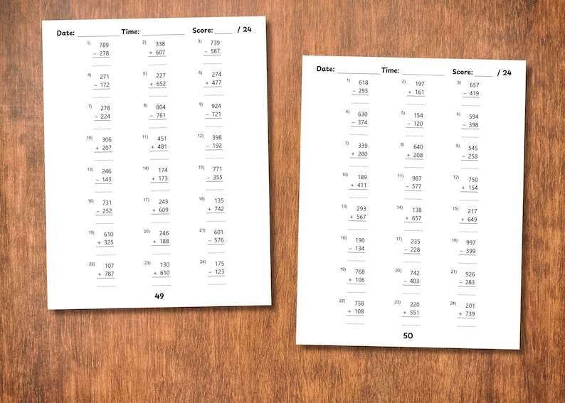 May include: Two white worksheets with math problems are displayed on a wooden surface. Each sheet has columns for date, time, and score, with a score out of 24. The worksheets contain addition and subtraction problems.