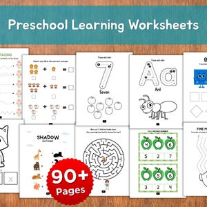 May include: A collection of preschool learning worksheets with various activities. The worksheets include line tracing, counting, number recognition, letter tracing, and shape recognition. The image also includes a red sticker that says "90+ Pages".