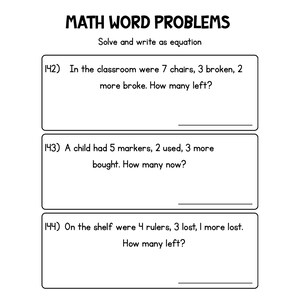 May include: Black and white worksheet titled "MATH WORD PROBLEMS." It features three math word problems with space to write the equation and answer. The problems involve chairs, markers, and rulers.