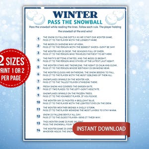 May include: A white game card titled Winter Pass The Snowball with blue text and numbered instructions from 1 to 14. A red circular badge on the left reads 2 Sizes Print 1 Or 2 Per Page and a red banner at the bottom reads Instant Download.