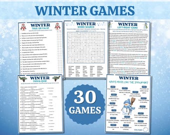 May include: A collection of winter-themed games, including a word search, trivia quiz, and a "Who's Most Like The Snowman?" game. The image features a blue background with snowflakes and the text "WINTER GAMES" at the top.
