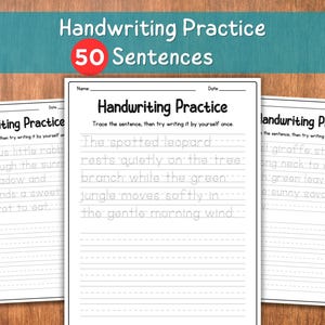 Może przedstawiać: Trzy arkusze ćwiczeń pisania ręcznego z liniowanym papierem i zdaniami do śledzenia i ponownego pisania. Na górze obrazu znajduje się tekst "Handwriting Practice 50 Sentences" w kolorze białym i czerwonym.