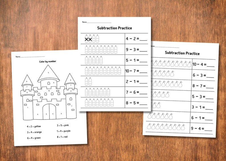 May include: Three white sheets of paper with math practice problems and a color-by-number castle illustration. The subtraction practice sheets have problems with visual aids. The color-by-number sheet has a castle and color key.