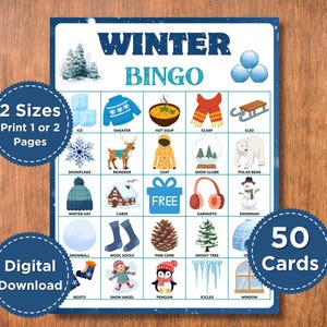May include: A Winter Bingo game card with a blue and white theme. The card features winter-themed illustrations such as a sweater, snowman, and snowflakes. Text includes "Winter Bingo", "2 Sizes", "Digital Download", and "50 Cards".