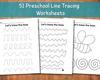 May include: Three white worksheets with black dotted lines for tracing, featuring various shapes and patterns. The worksheets are labeled "Let's trace the lines" and are designed for preschool line tracing practice. The top banner reads "51 Preschool Line Tracing Worksheets."