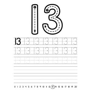 May include: Black and white educational worksheet featuring the number 13. The number is displayed in a bold outline with dotted lines for tracing. Below are multiple rows of the number 13 for practice, along with a number line.