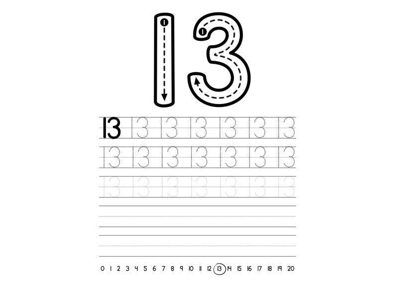 May include: Black and white educational worksheet featuring the number 13. The number is displayed in a bold outline with dotted lines for tracing. Below are multiple rows of the number 13 for practice, along with a number line.
