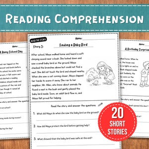 May include: Educational reading comprehension worksheets with three stories and illustrations. The worksheets feature the text "Reading Comprehension" at the top, and a red circle with the text "20 Short Stories".